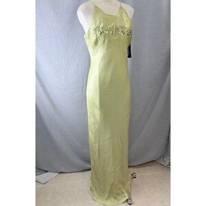 Vintage NWT Caché Kiwi Green Beaded Mirror Tile Column Maxi Gown Size 12